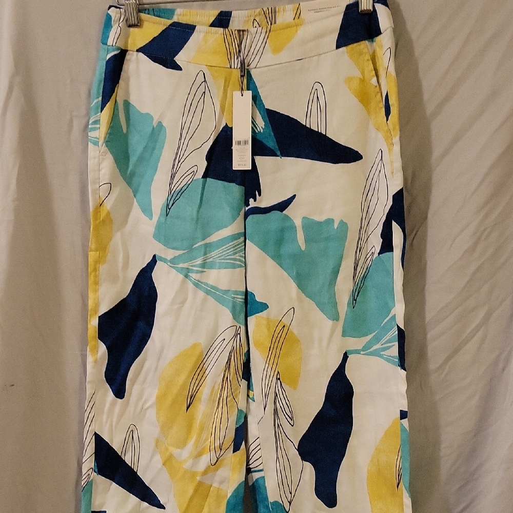 Chico's White Wide-Leg Pants with Blue, Teal & Yellow Abstract Print